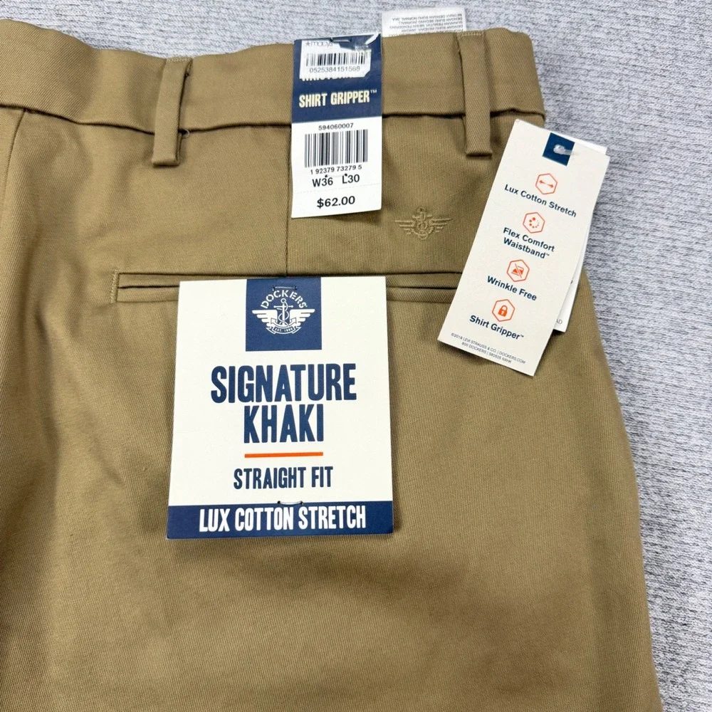Dockers Signature Khaki Mens 36x30 Tan Straight Fit‎ Lux Cotton Stretch MSRP $62